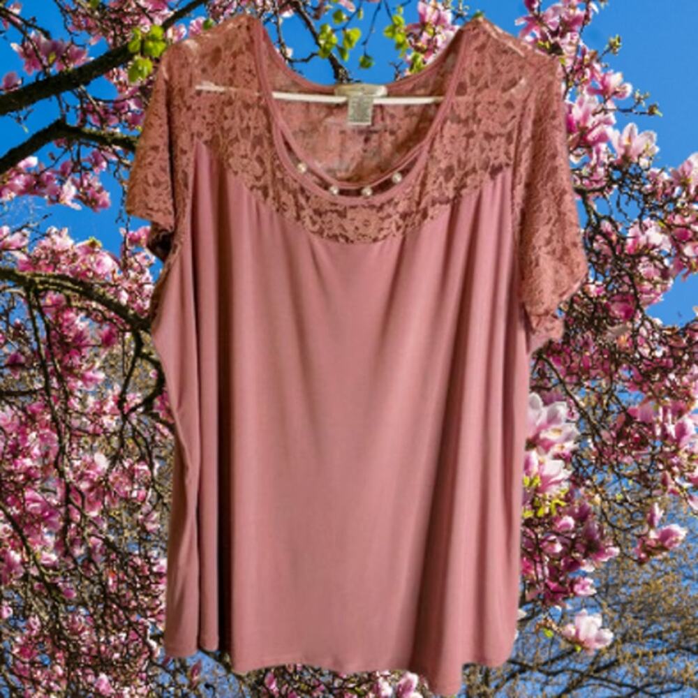 Emma & Olive 2XL short sleeve pink polyester blend stretch woman's blouse.